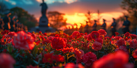 A sea of fiery red blooms basks in the warm glow of a setting sun, with the silhouette of a statue standing sentinel in the soft-focus background.