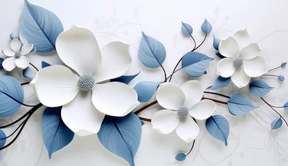 Outdoor kussens 3d wallpaper with elegant blue flowers, magnolia and leaves, vector illustration design with white background  © Goodhim