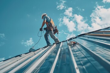 A man working on a metal roof on a sunny day. Suitable for construction or roofing industry concepts