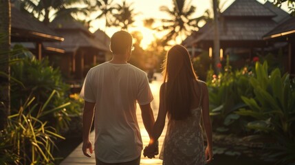A man and a woman strolling down a pathway. Suitable for lifestyle and relationship concepts - obrazy, fototapety, plakaty