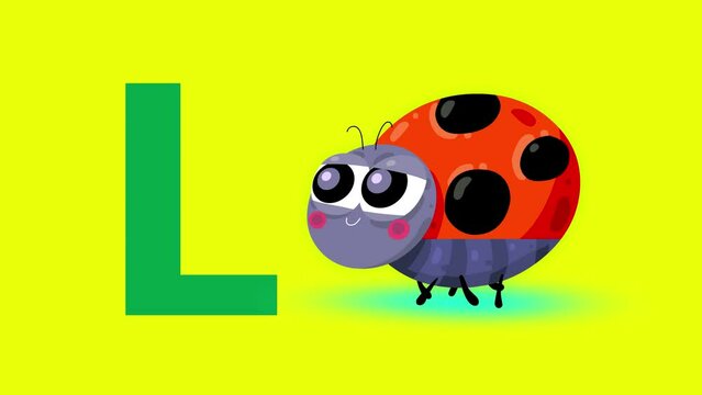 L letter big  like ladybird beetle cartoon animation. Animal loop. Educational serie with bold style character for children. Good for education movies, presentation, learning alphabet, etc...
