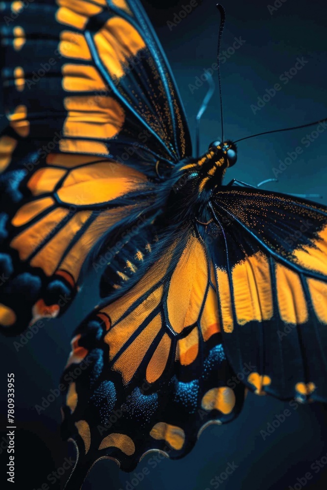 Poster detailed image of a butterfly on a dark backdrop, perfect for nature or science themes