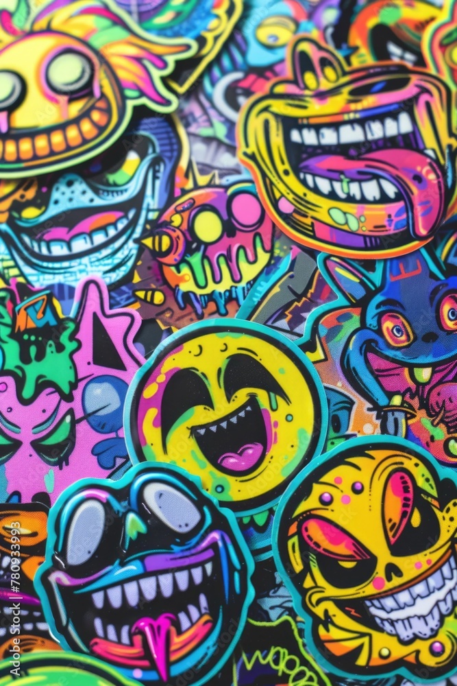 Poster a pile of vibrant stickers with various faces, perfect for adding personality to any project