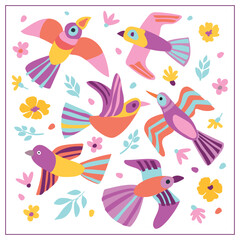 A set of vector illustrations with birds and flowers, leaves. Simple forms. For children, patterns, postcards