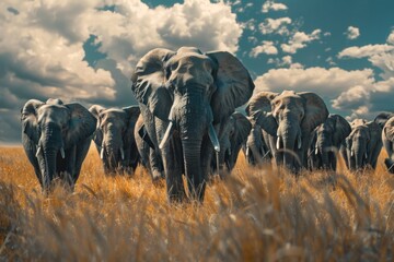 A herd of elephants walking across a dry grass field. Suitable for wildlife and nature concepts