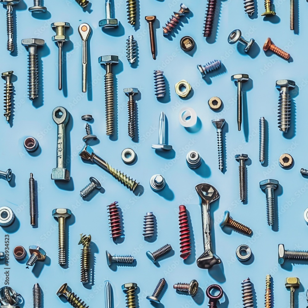 Poster various screws and nuts arranged on a blue surface. ideal for industrial and construction concepts