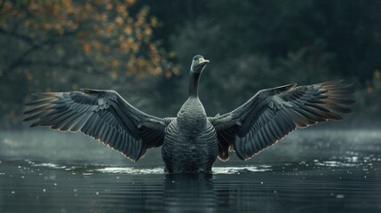 A goose flaps its wings in the water. Perfect for nature-themed designs - Powered by Adobe