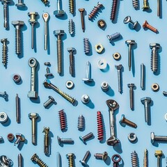 Various screws and nuts arranged on a blue surface. Ideal for industrial and construction concepts