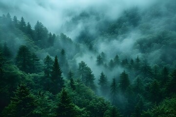 Misty Mountain Forest: Vintage-style Pine Trees and Atmospheric Clouds. Concept Nature Photography, Landscape Images, Atmospheric Scenes
