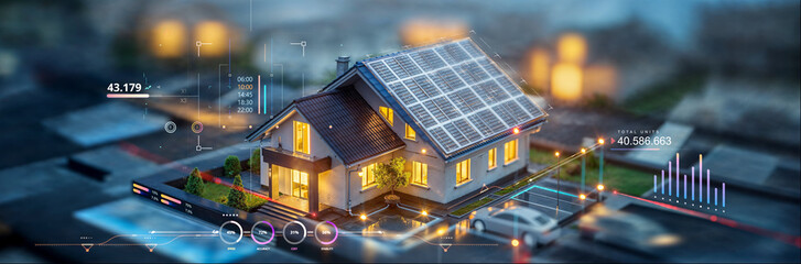 wide banner design of a infographic diagram for battery packs alternative electric clean energy storage system at smart home with solar panels roof as backup or sustainable energy concepts