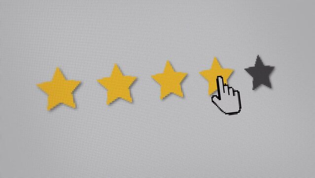 The mouse pointer clicks the five stars on the device screen. Review page or app. User leaves a excellent review with five stars. The stars turn yellow as the cursor goes over them