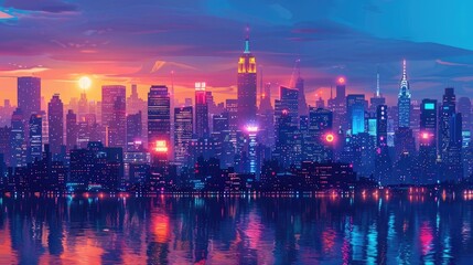 Dazzling Neon Lit Cityscape at Sunset with Towering Skyscrapers and Shimmering Waterfront - obrazy, fototapety, plakaty