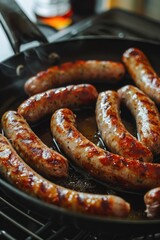 Fototapeta premium Sausages cooking in a frying pan on a grill. Ideal for food and cooking concepts