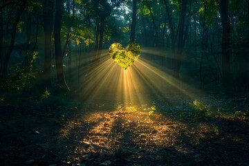 Sunlight filters through dense forest canopy creating heartshaped spotlight on floor. Concept Nature, Photography, Sunlight, Forest, Beauty - obrazy, fototapety, plakaty