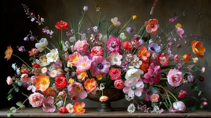   A vase overflowing with various flowers sits atop a wooden table, its surface adorned with an array of colorful blooms