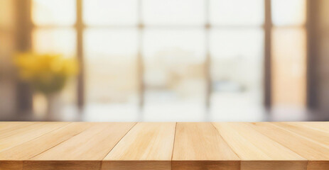 Empty wooden countertop with blurred panoramic window background. Mockup for the presentation of products, drinks, food and delicacies. Background with empty space for text. Generative AI. - Powered by Adobe