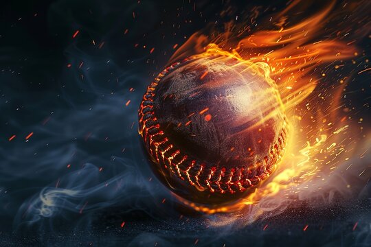 Burning cricket ball with bright flame flying on black background