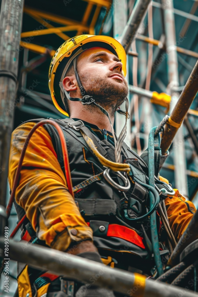Poster a man wearing a yellow helmet on a scaffolding. ideal for construction industry concepts