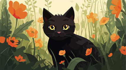 Black cat vector illustration image with flower lea - obrazy, fototapety, plakaty