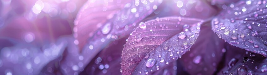 purple light color nature , drop water on leaves , light purple water flow background - obrazy, fototapety, plakaty