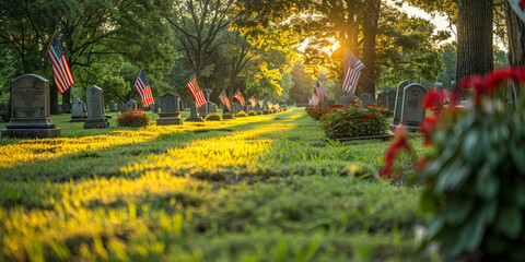 Sunrise over a peaceful cemetery with American flags, memorial day or veterans day concept.