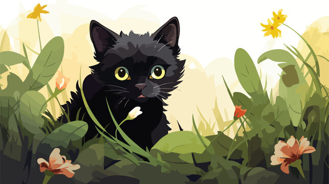 Black cat vector illustration image with flower lea