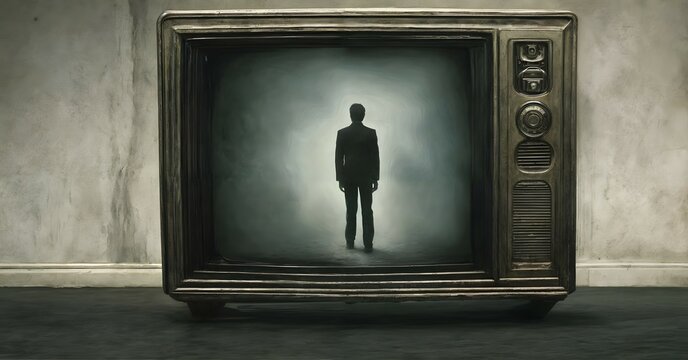 old and worn-out television displaying an image from behind of a man