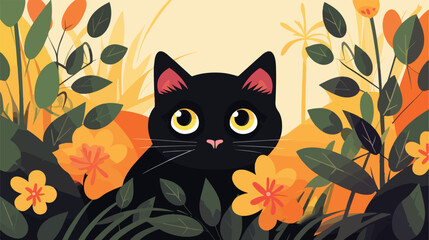 Black cat vector illustration image with flower lea - obrazy, fototapety, plakaty