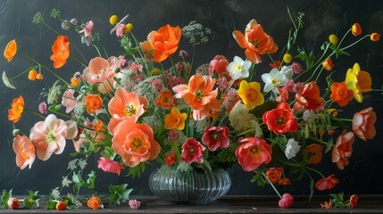   A vase, brimming with an array of vibrant flowers, sits atop a weathered wooden table Beyond the table, a black wall extends, concealing a chalkboard