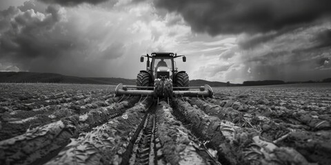 Black and white photo of a tractor in a field. Suitable for agricultural concepts