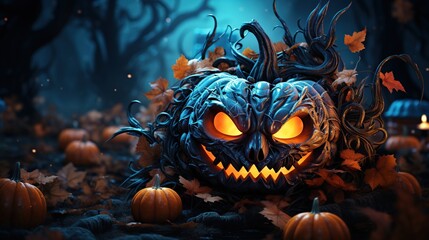 Halloween background with scary pumpkins. - obrazy, fototapety, plakaty
