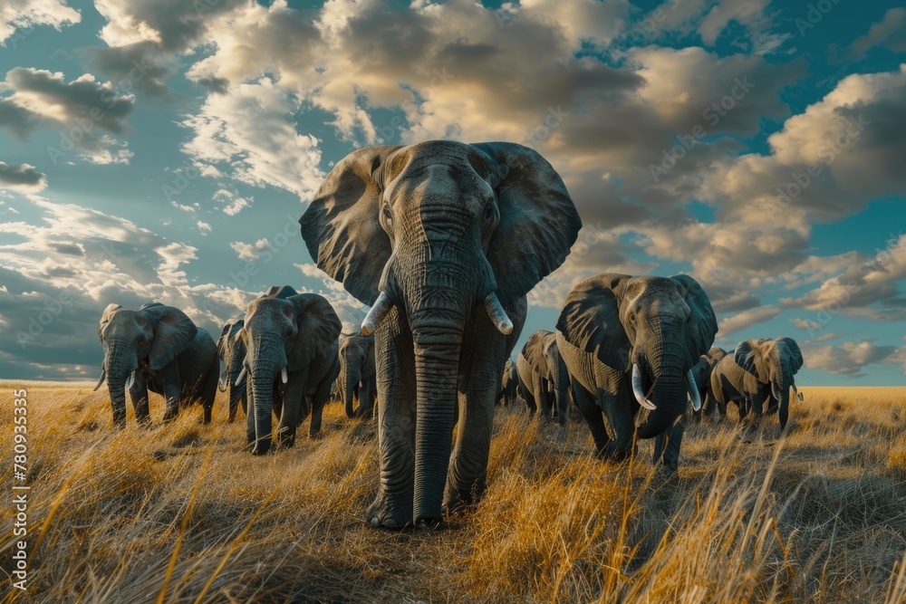 Poster group of elephants walking across a dry grass field, suitable for wildlife and nature concepts
