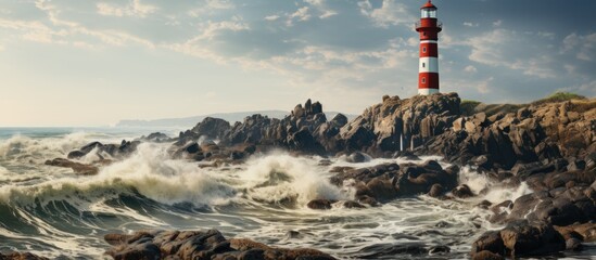 Lighthouse on the coast of the Atlantic Ocean. - obrazy, fototapety, plakaty