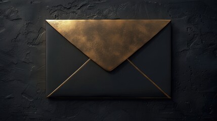 Black envelope with a gold triangle, suitable for business and luxury concepts - obrazy, fototapety, plakaty