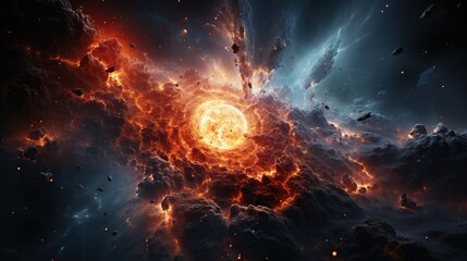 Fiery explosion in outer space. Abstract space background. - obrazy, fototapety, plakaty