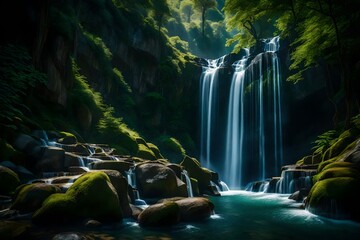 A serene and inviting scene of a waterfall gently streaming down a picturesque mountainside,...