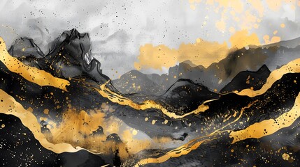 An abstract artistic background. Hand-painted ink landscape painting in Chinese style. Golden...