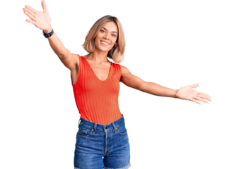 Beautiful caucasian woman wearing casual clothes looking at the camera smiling with open arms for hug. cheerful expression embracing happiness.