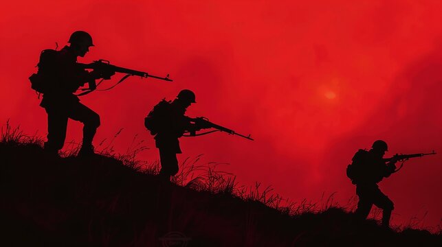 Silhouettes of soldiers on red backdrop. Remembrance Day symbol. Victory over Nazism. May 8, WWII memorial.