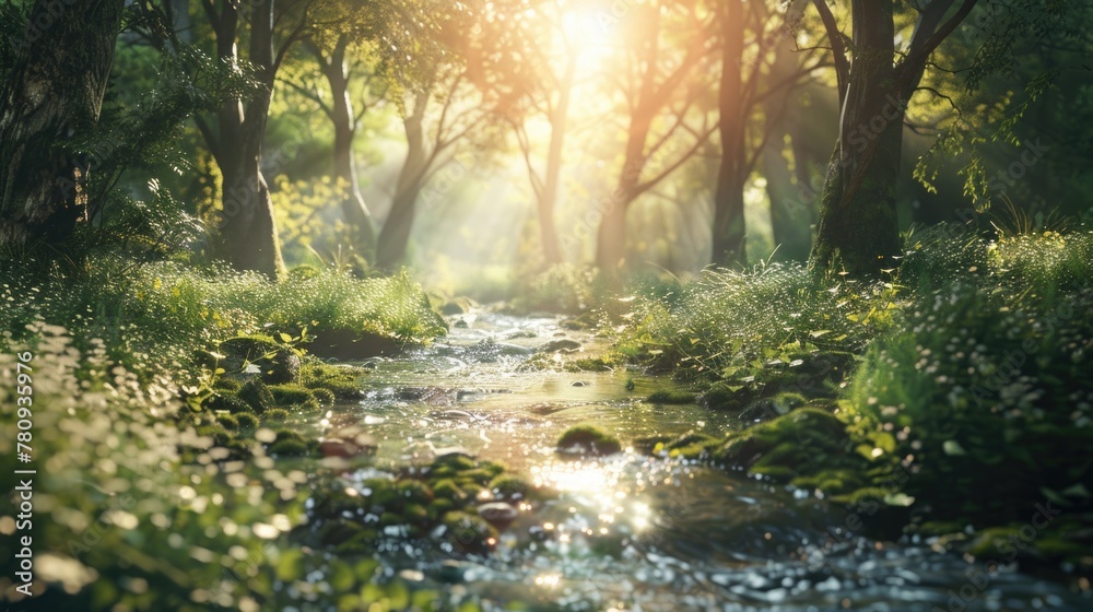 Poster a serene stream flowing through a vibrant forest. perfect for nature-themed projects