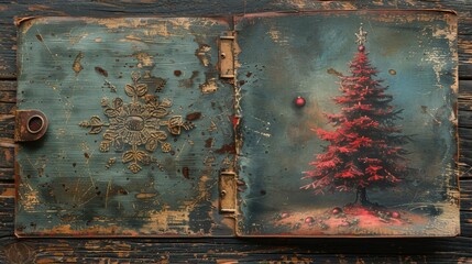 Front and back of this grunge postcard feature a Christmas tree and swirling hearts. The clipping path is included. - obrazy, fototapety, plakaty