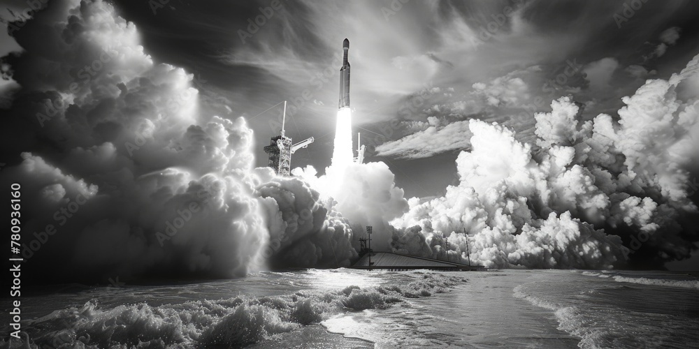 Poster a black and white photo of a rocket taking off. suitable for science and technology projects