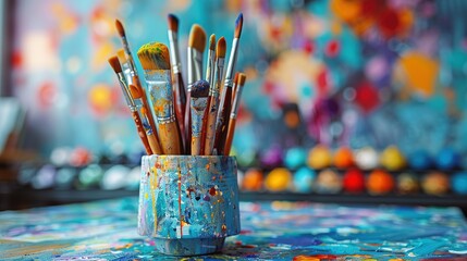 Fototapeta premium Paintbrushes in container at creative atelier.
