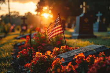 Golden hour light at a cemetery with American flag and floral tributes on a grave.