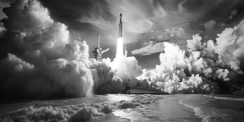 A black and white photo of a rocket taking off. Suitable for science and technology projects - obrazy, fototapety, plakaty