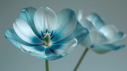   A close-up of a blue and white flower against a light blue background
