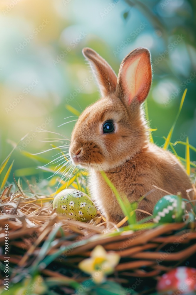 Poster a small rabbit sitting in a nest with colorful easter eggs. perfect for easter holiday designs