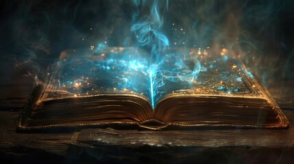Glowing Mystical Tome of Ancient Sorcery Illuminating the Cosmic Realm - obrazy, fototapety, plakaty