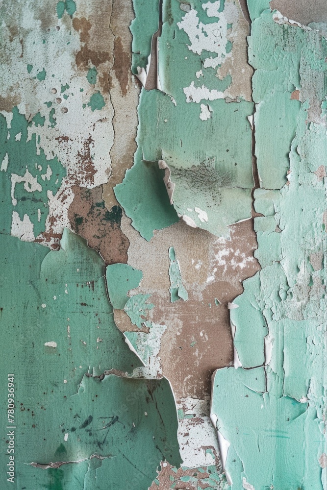 Poster a textured green wall with peeling paint. ideal for background or design projects