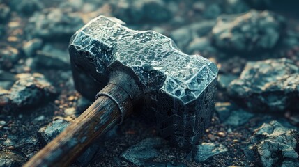 A hammer trapped in a pile of rocks, suitable for construction concept